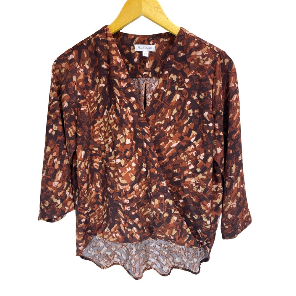 Prologue Womens XS Abstract Print Faux Wrap V-Neck Blouse Rustβ Brown 3/4 Sleeve